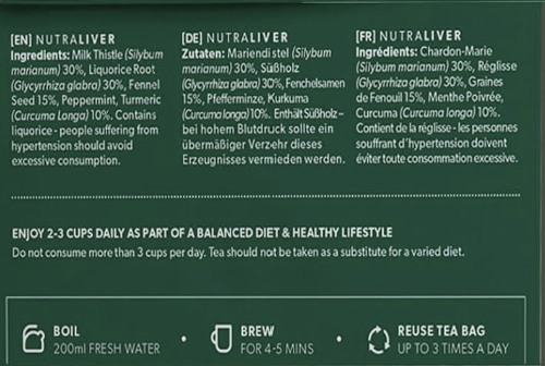 Dark green tea bag packaging label showing product details, ingredients, usage instructions, and icons for boiling, brewing, and reusing the tea bag.