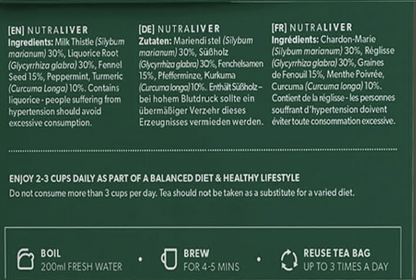 Dark green tea bag packaging label showing product details, ingredients, usage instructions, and icons for boiling, brewing, and reusing the tea bag.