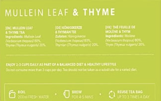 A lime green tea packaging label with white text detailing ingredients, preparation instructions, and usage tips for Mullein Leaf & Thyme tea.