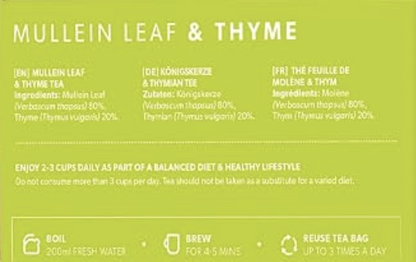 A lime green tea packaging label with white text detailing ingredients, preparation instructions, and usage tips for Mullein Leaf & Thyme tea.