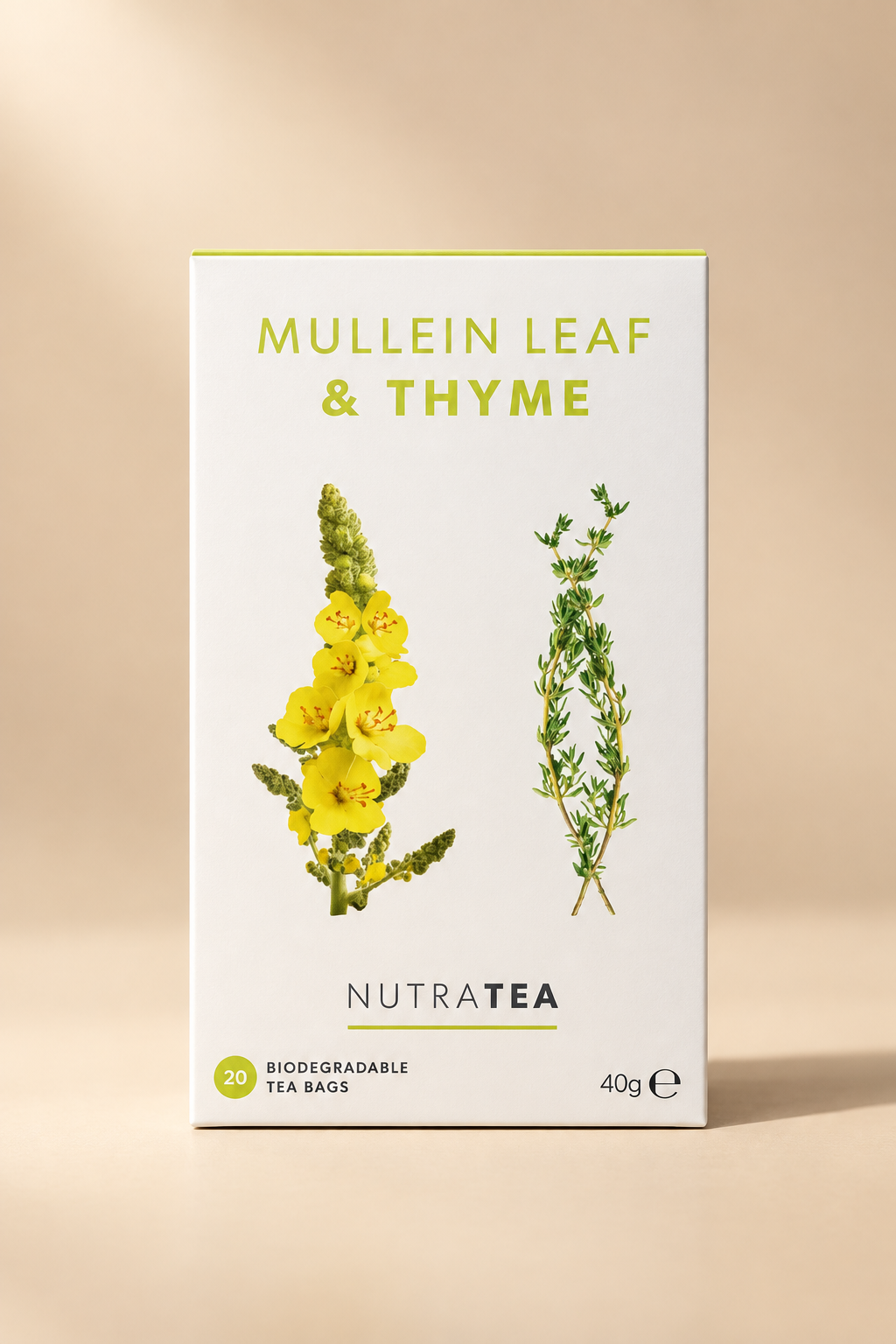 NutraTea Mullein Leaf & Thyme tea box packaging, featuring botanical illustrations of a yellow mullein flower and green thyme sprig on a pale blue background.