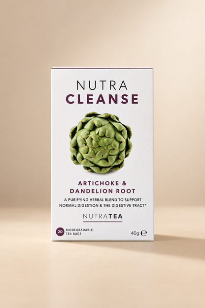 Front of a Nutra Cleanse tea bag box featuring a large artichoke illustration on a white background, with text reading 'ARTICHOKE & DANDELION ROOT' and 'NUTRA TEA'.