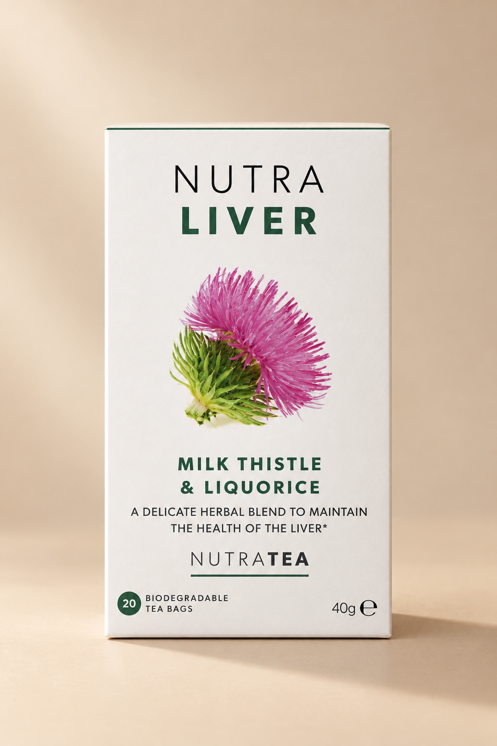 Nutra Liver Milk Thistle & Liquorice herbal tea box packaging on a light gray background, featuring a pink and green milk thistle flower illustration and product text.