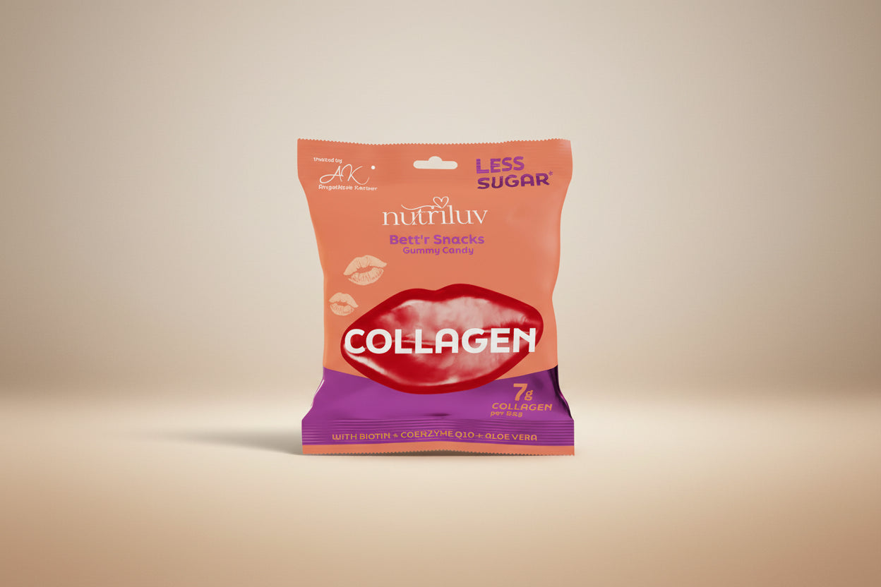 Packaged gummy candy with 'Collagen' text on an orange and purple background