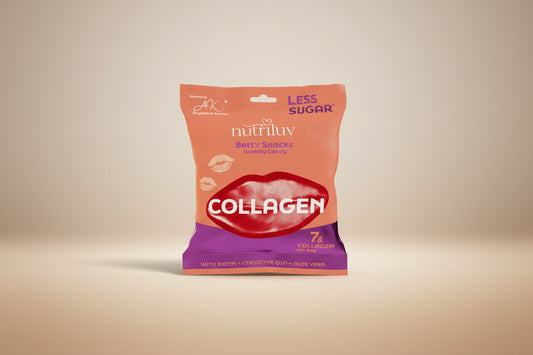 Packaged gummy candy with 'Collagen' text on an orange and purple background