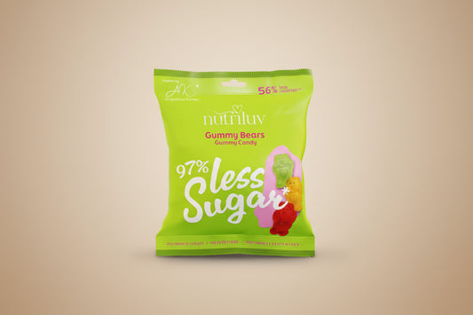 Green package of NutriLuv gummy bears with sugar reduction text on a white background