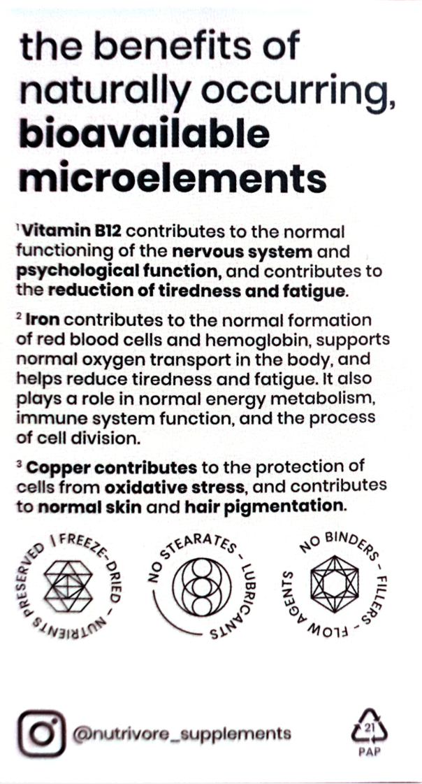 A text-heavy black-and-white informational panel titled 'the benefits of naturally occurring, bioavailable microelements' with bullet points about vitamin B12, iron, and copper, plus icons and the Nutrivore Supplements handle.