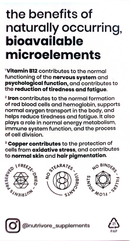 A text-heavy black-and-white informational panel titled 'the benefits of naturally occurring, bioavailable microelements' with bullet points about vitamin B12, iron, and copper, plus icons and the Nutrivore Supplements handle.