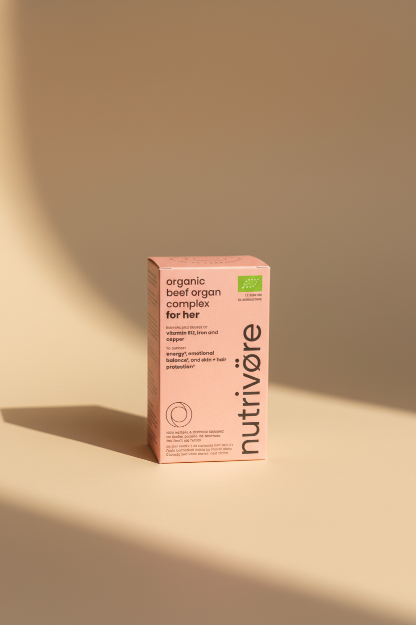 A pink box of NutriVore Organic Beef Organ Complex for her, placed on a wooden tabletop with a blurred background.