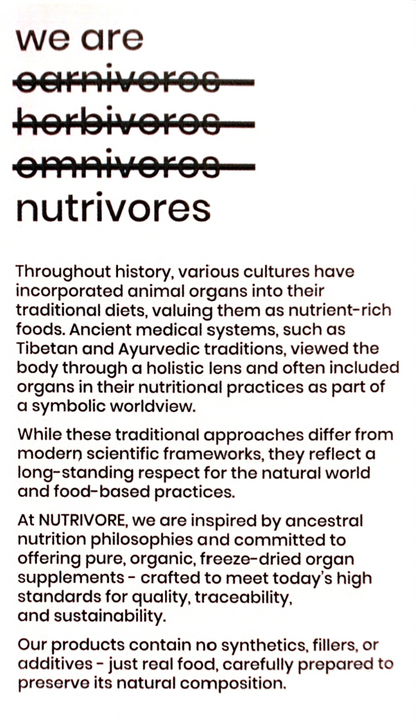 A text-heavy black-and-white promotional graphic with the headline 'we are carnivores herbivores omnivores nutrivores' and several paragraphs of descriptive copy about traditional animal organs and holistic nutrition.