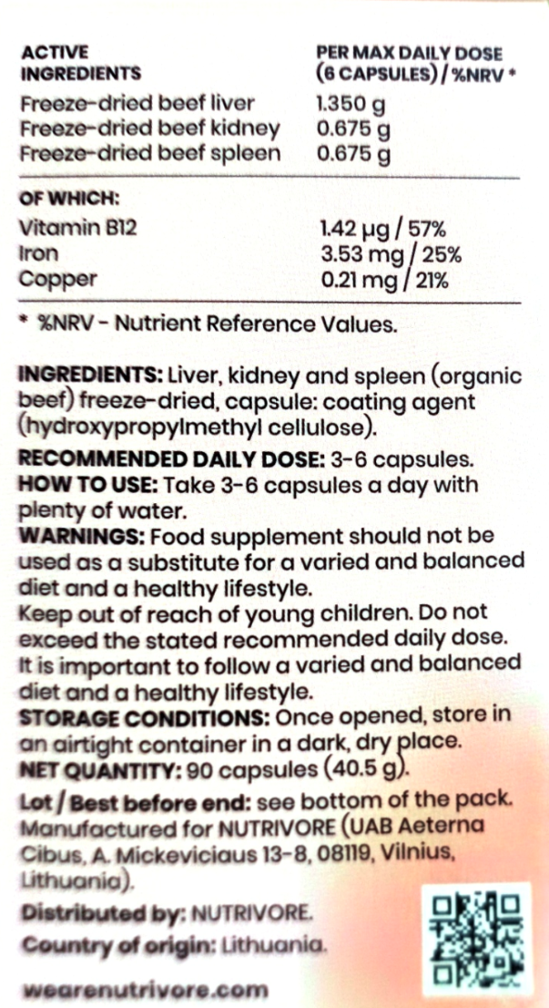 A close-up of the back of a NutriVore supplement package showing active ingredients, per max daily dose, usage instructions, warnings, storage conditions, net quantity, manufacturer details, and a QR code.