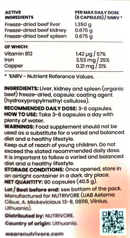 A close-up of the back of a NutriVore supplement package showing active ingredients, per max daily dose, usage instructions, warnings, storage conditions, net quantity, manufacturer details, and a QR code.