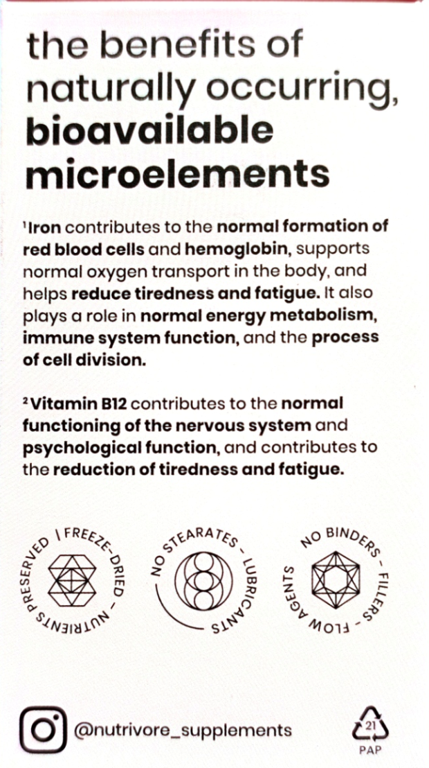 A white rectangular supplement facts/claims panel with black text reading 'the benefits of naturally occurring, bioavailable microelements' and three paragraphs of explanatory copy. It includes icons and claims like 'No stearates - lubricants' and 'No binders - filters' plus the brand handle @nutrivore_supplements and a PAP logo.