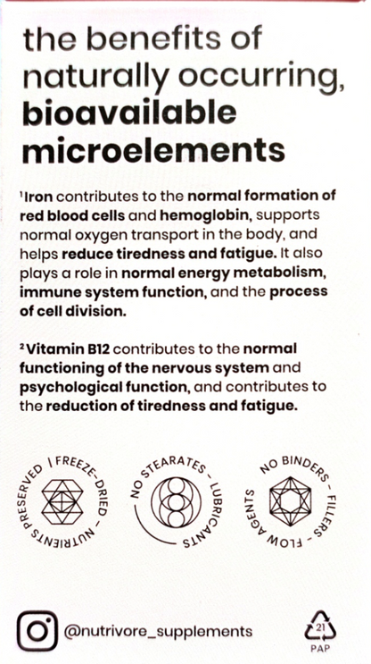 A white rectangular supplement facts/claims panel with black text reading 'the benefits of naturally occurring, bioavailable microelements' and three paragraphs of explanatory copy. It includes icons and claims like 'No stearates - lubricants' and 'No binders - filters' plus the brand handle @nutrivore_supplements and a PAP logo.
