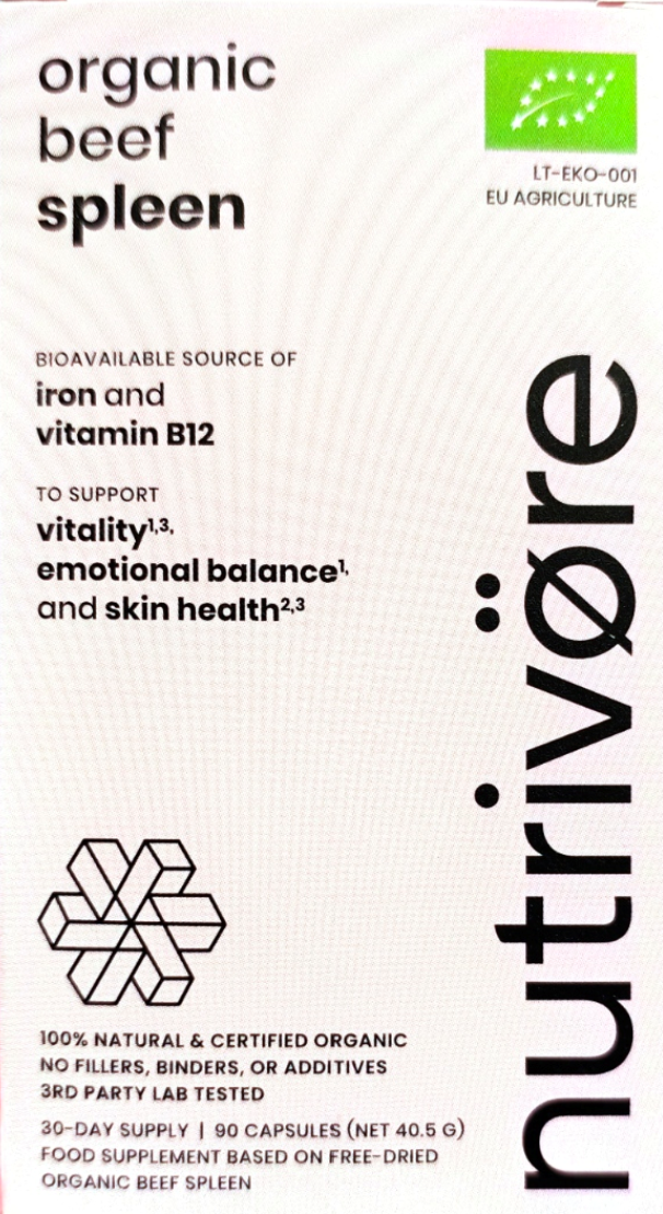 Front of a NutriVöre organic beef spleen supplement box. The packaging is white with black text and a green EU Agriculture organic certification logo in the top right.