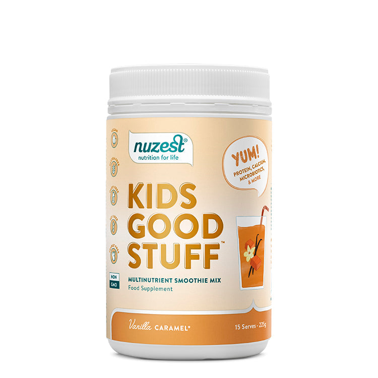 Front packaging of Nuzest Kids Vanilla Caramel 225g with plant-based nutrition blend