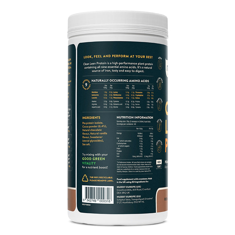Open Tub of Nuzest Rich Chocolate Protein – Powder and Scoop