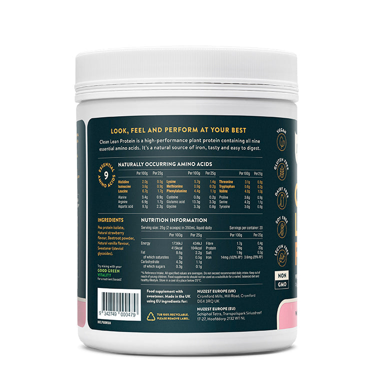 Nuzest Clean Lean Protein Wild Strawberry – Open Tub with Scoop