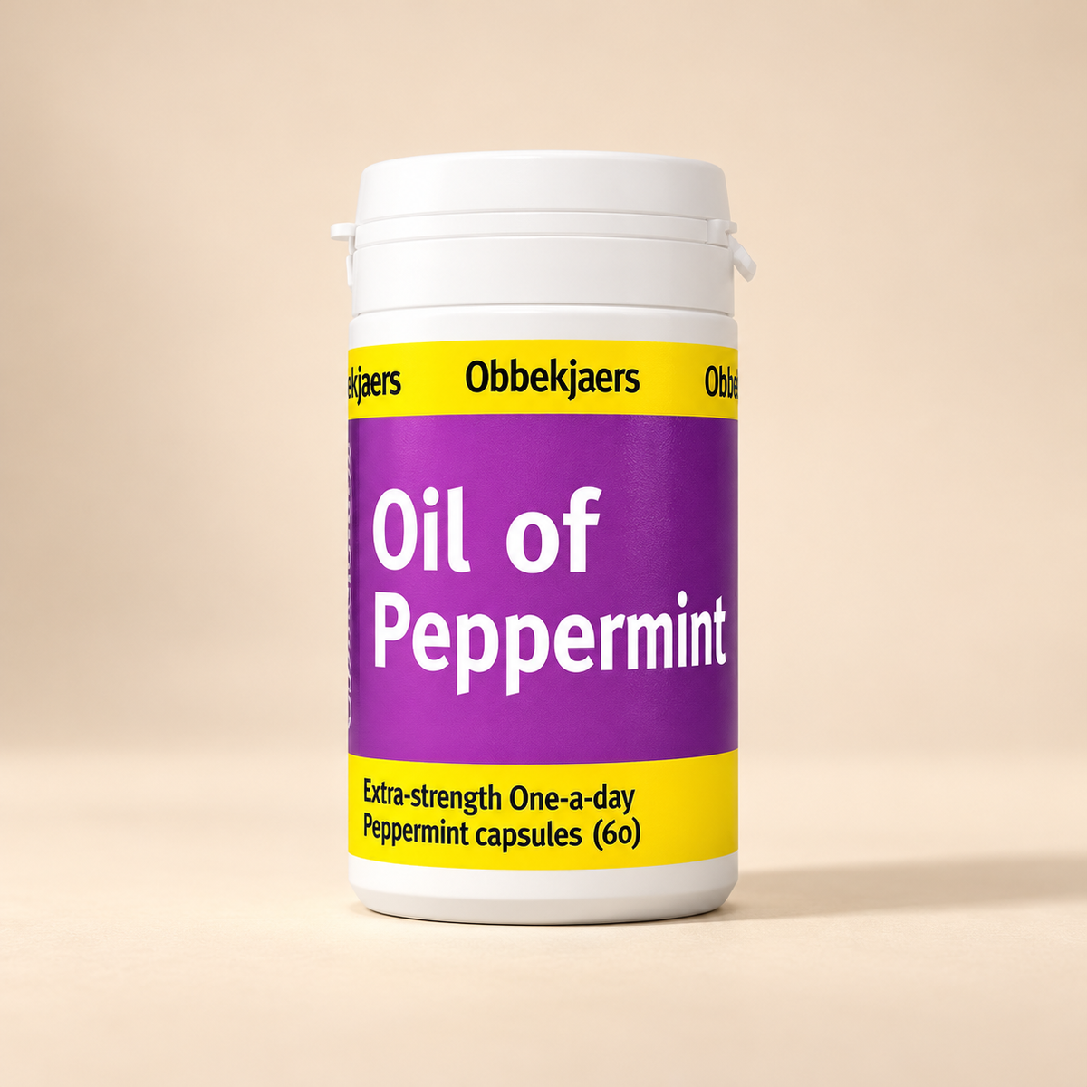 Obbekjaers Extra Strength Oil of Peppermint 60 capsules on a warm cream studio background