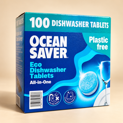 Ocean Savers Dishwasher Eco Tablets – 100 Tablets — current pack on a warm cream background