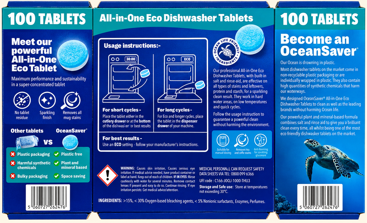 Ocean Savers Dishwasher Eco Tablets – 100 Tablets — readable original packaging label details