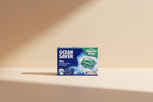 Ocean Saver Bio Perfect Clean First Time micro plastic free laundry detergent pods in a blue and green box, shown on a white background.