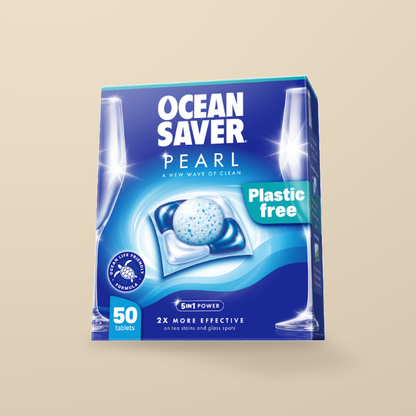 OceanSaver PEARL 5-in-1 Dishwasher Tablets – 50 Pack — original product packaging on warm beige background