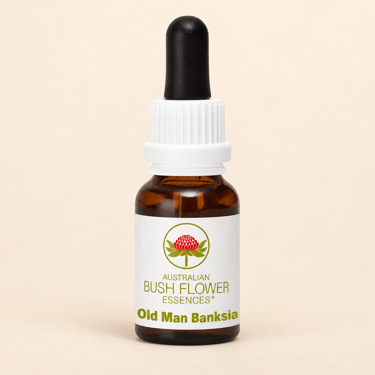 Australian Bush Flower old man banksia 15ml bottle on a warm beige background