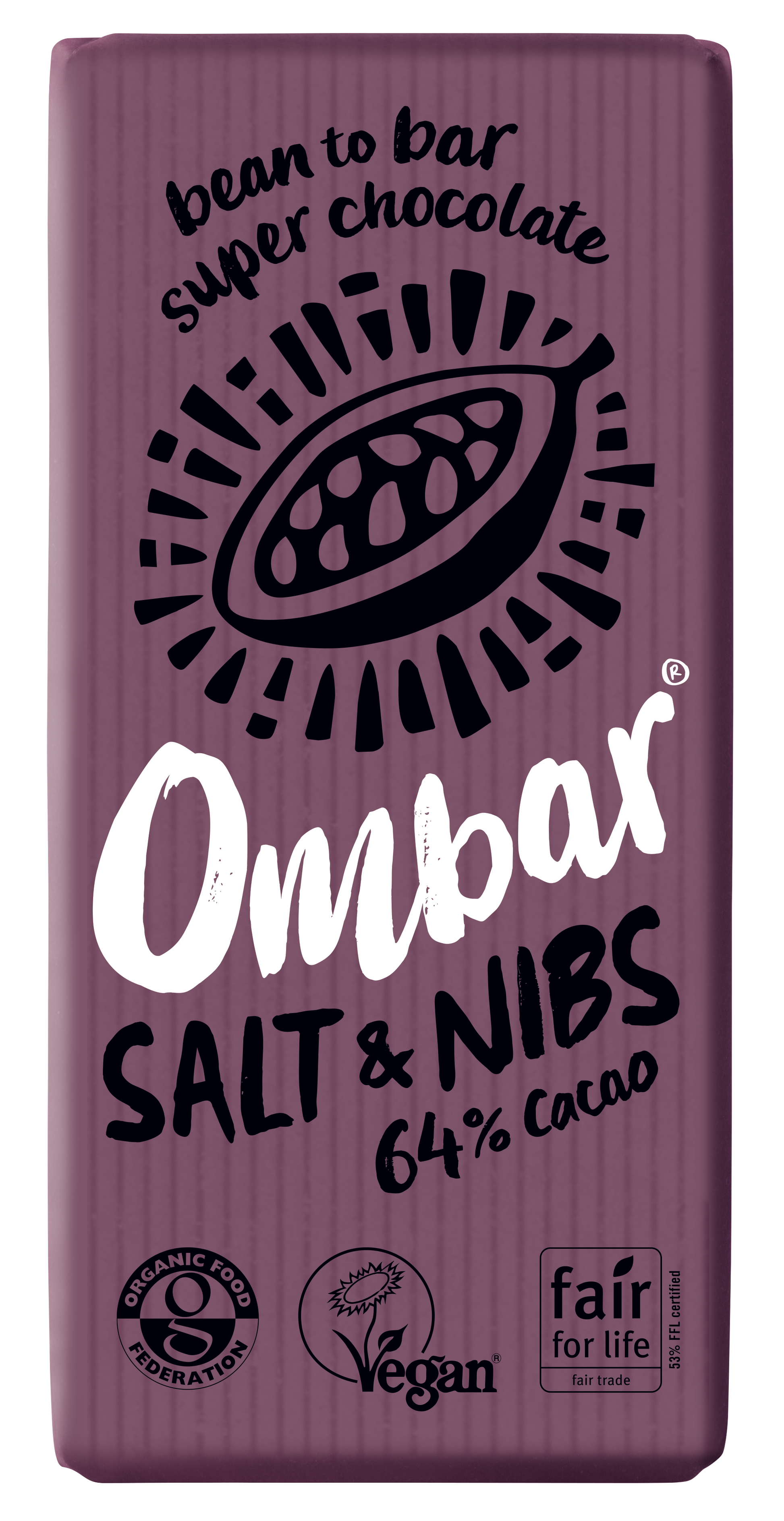  "Front view of Ombar Salt & Nibs 64% Dark Chocolate bar, Full Case (10x70g), with crunchy cacao nibs and Kalahari Desert salt."