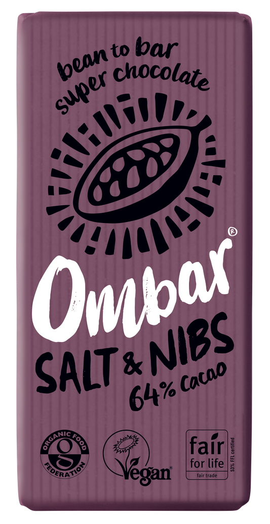  "Front view of Ombar Salt & Nibs 64% Dark Chocolate bar, Full Case (10x70g), with crunchy cacao nibs and Kalahari Desert salt."