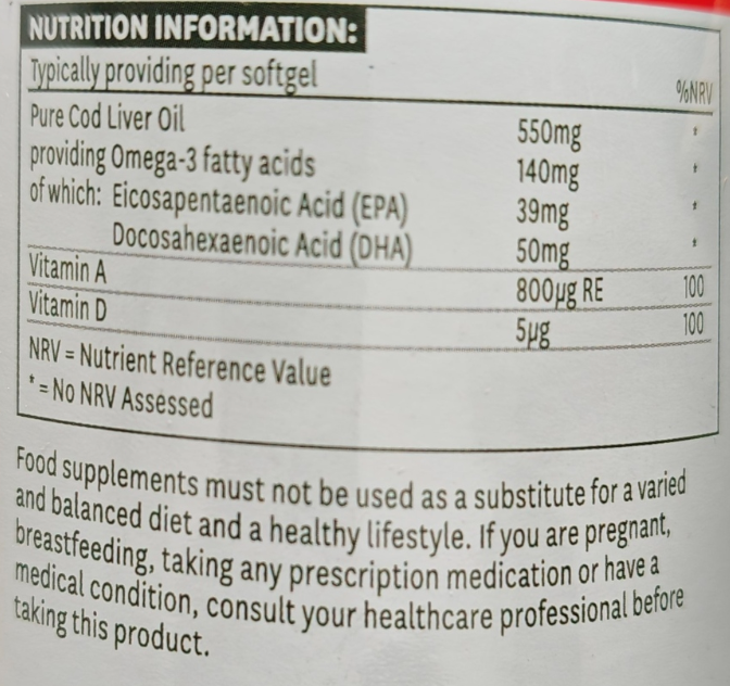 Nutrition information label on a supplement container with detailed nutritional content and warnings.