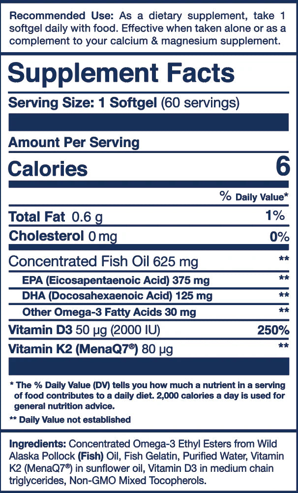Omega-3 fish oil capsules with added Vitamin K2 and D3 for general wellness
