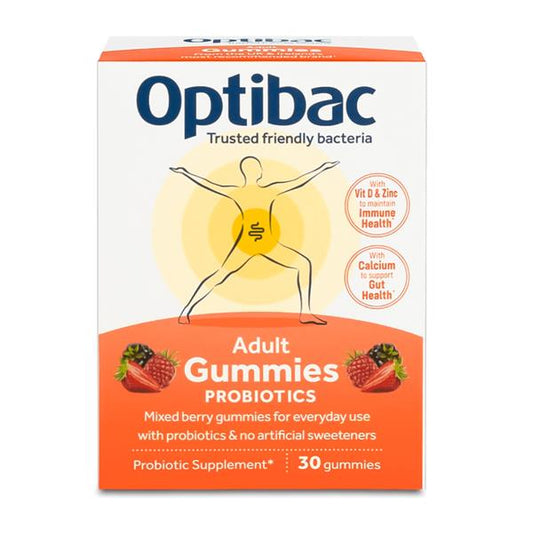 Adult Gummies Probiotics – 30 Gummies front packaging, mixed berry flavour, sugar-free