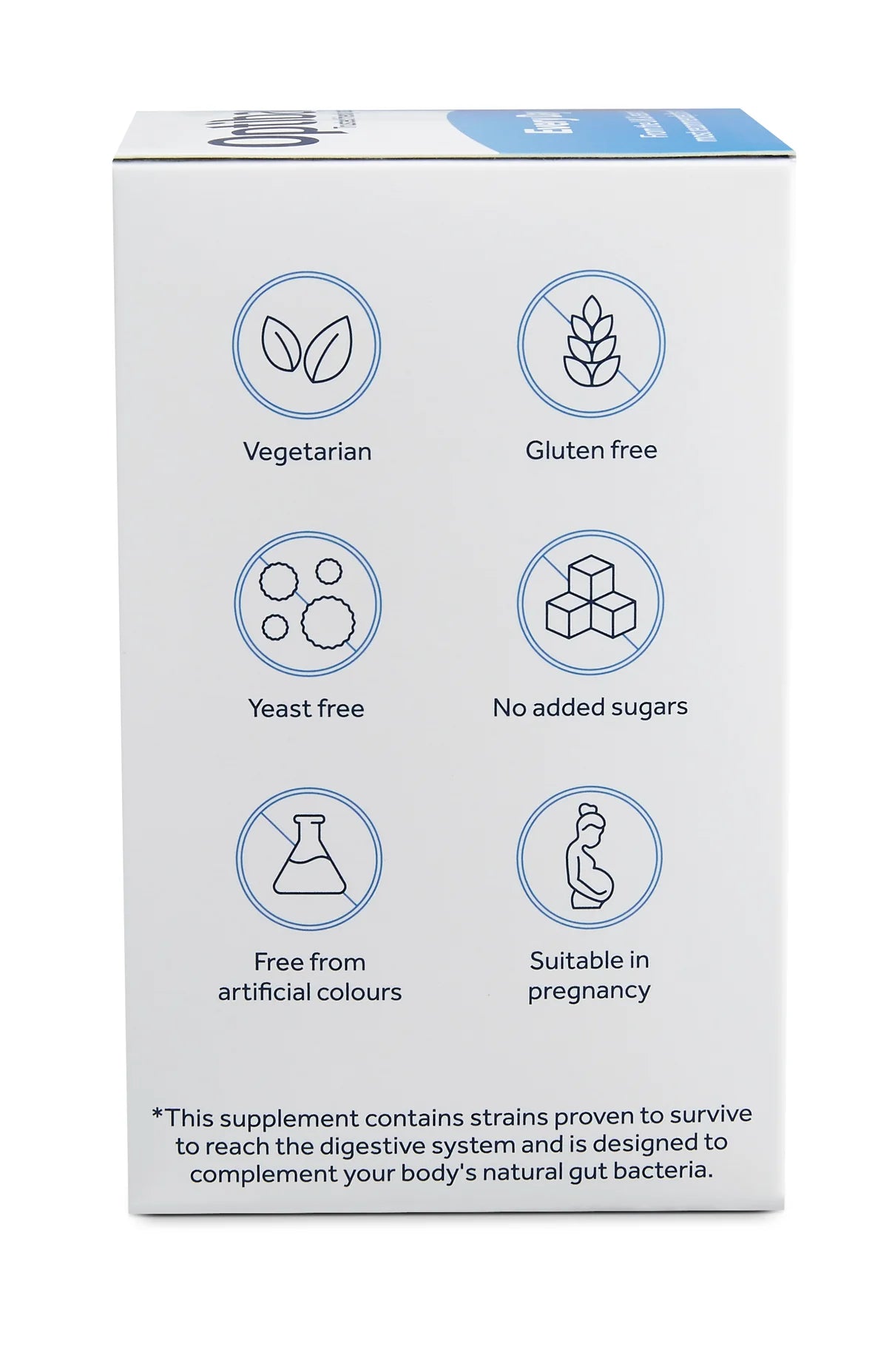 Supplement packaging with icons and text indicating dietary freedoms on a white background