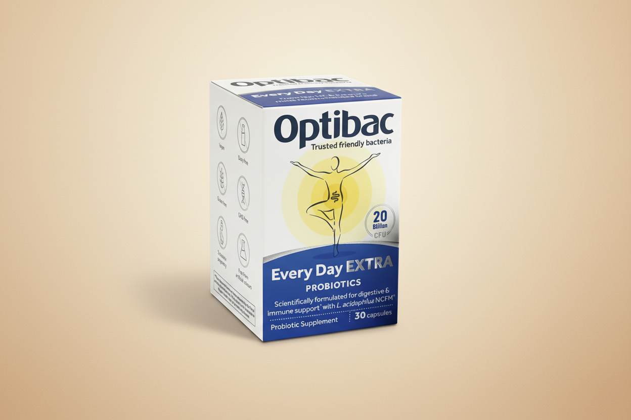 Optibac Probiotics packaging with branding and product details on a white background