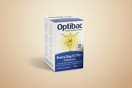 Optibac Probiotics packaging with branding and product details on a white background
