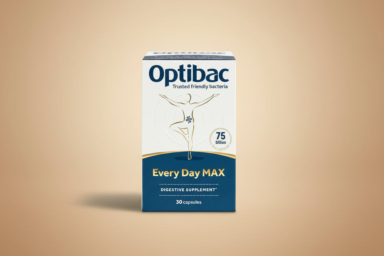 Optibac Every Day MAX digestive supplement packaging on a white background