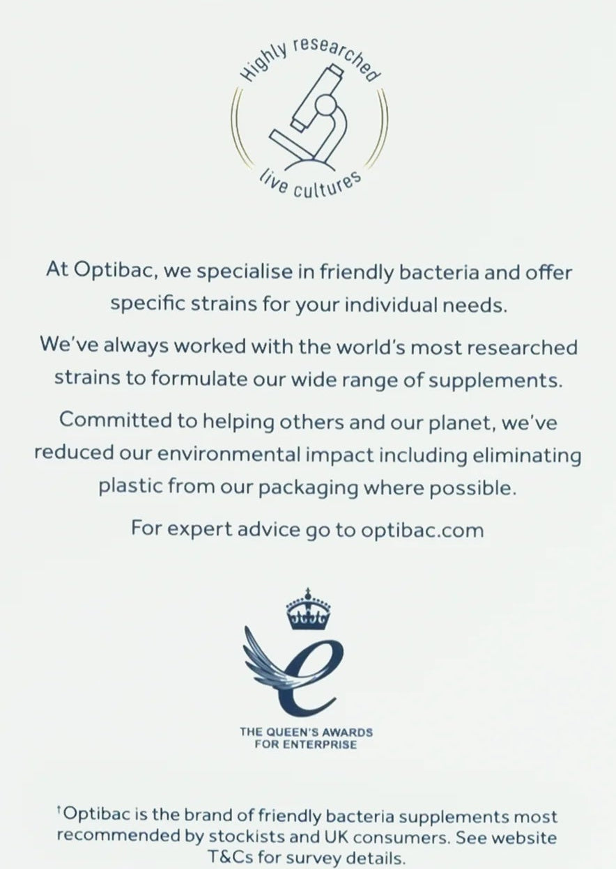 Optibac supplement packaging with branding and text on a white background