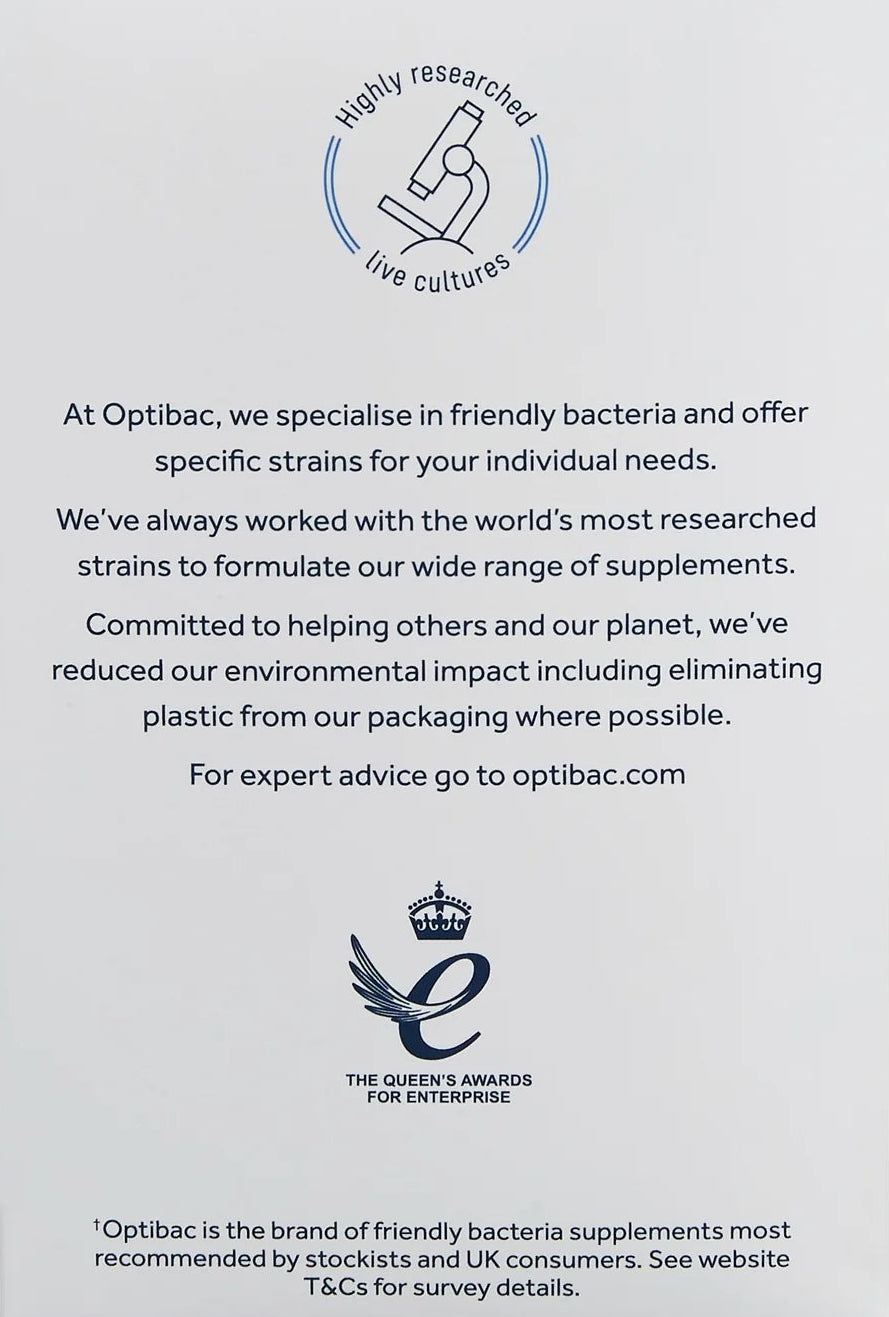 Optibac probiotic supplement packaging with text on a white background