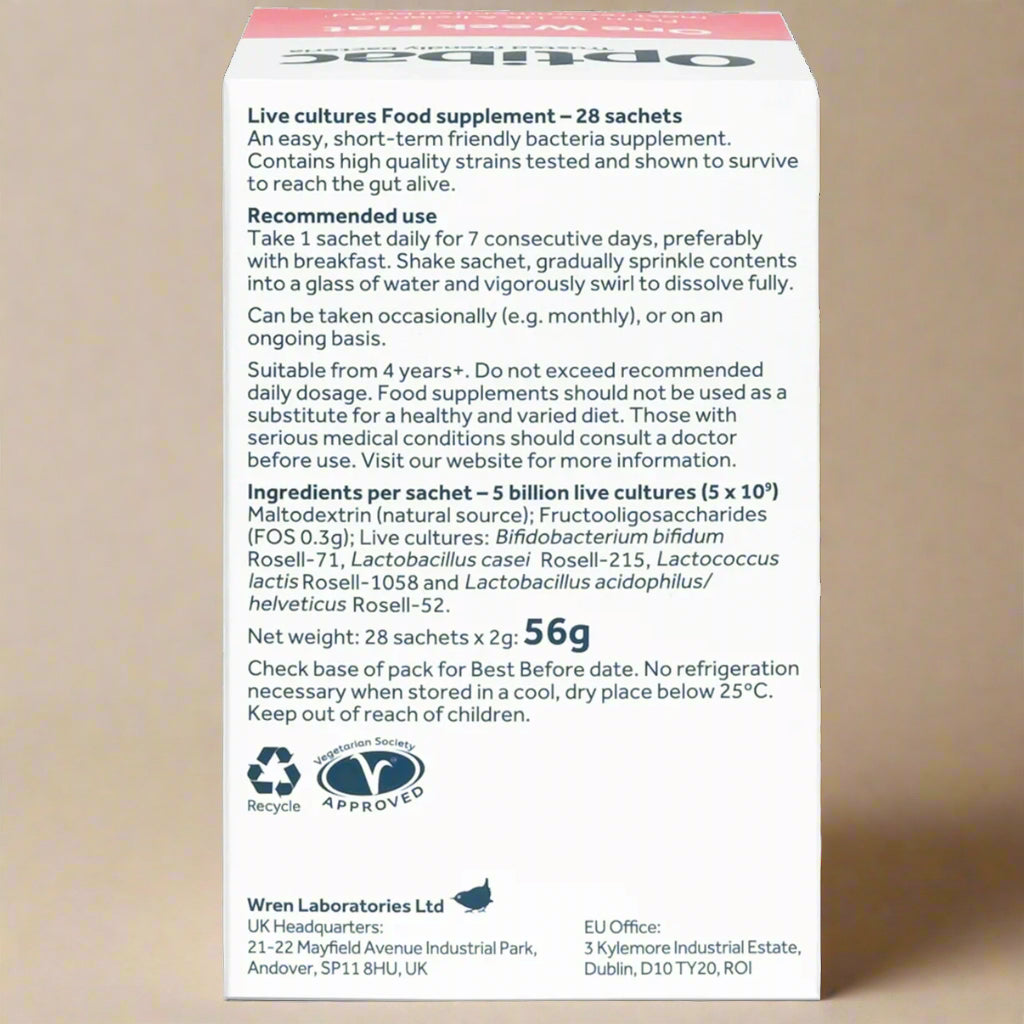 Supplement facts and ingredients label of Optibac One Week Flat 28 Sachets