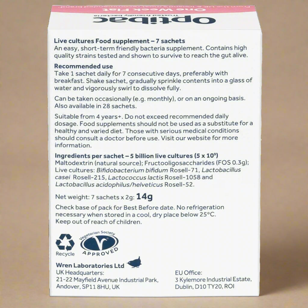 Supplement facts and ingredients label of Optibac One Week Flat