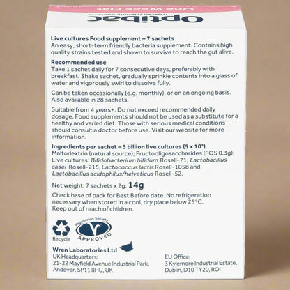 Supplement facts and ingredients label of Optibac One Week Flat