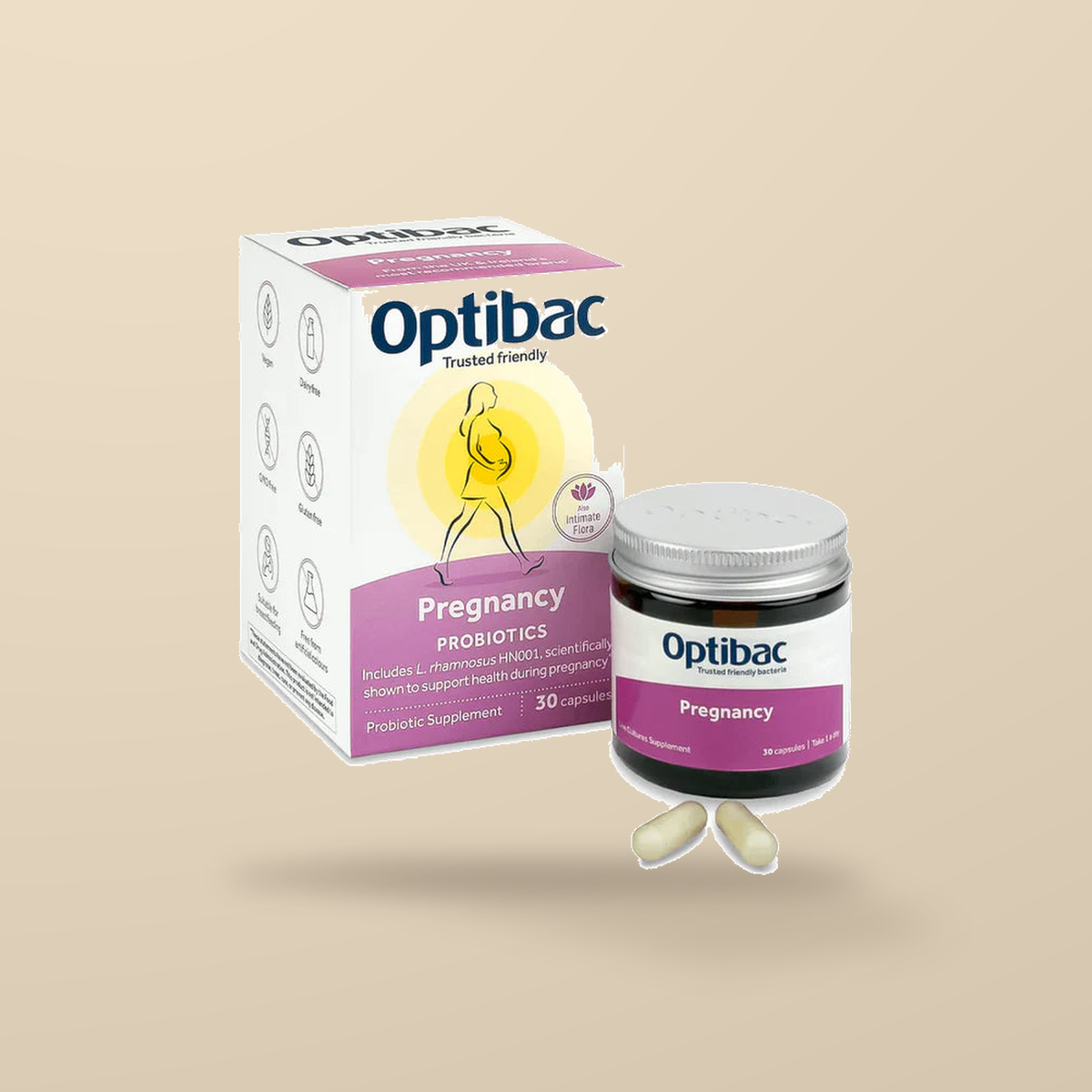 Optibac Pregnancy Live Cultures 30 Capsules — original product packaging on warm beige background