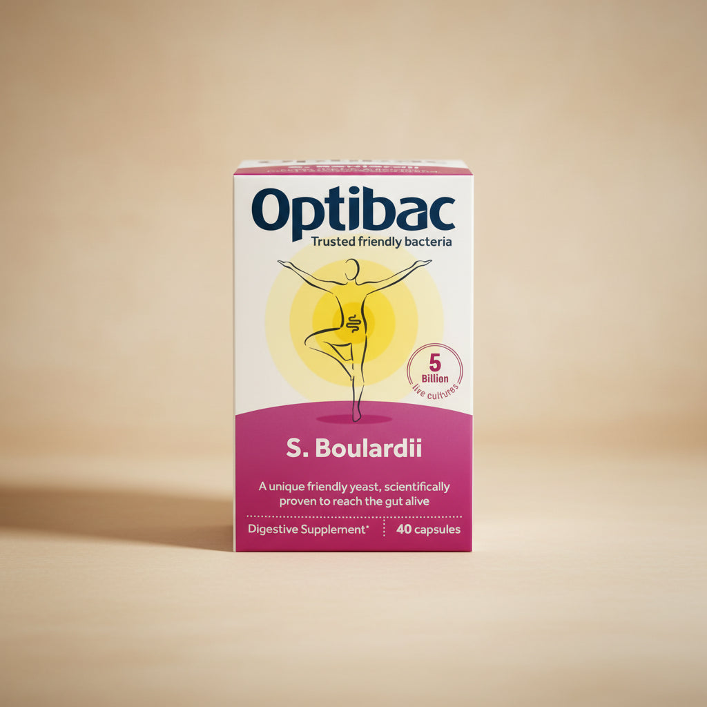 Optibac S. Boulardii digestive supplement packaging on a white background