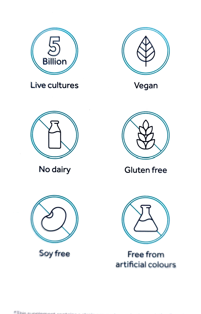 A product information graphic on a white background showing six circular icons with text: 5 Billion live cultures, Vegan, No dairy, Gluten free, Soy free, and Free from artificial colours.