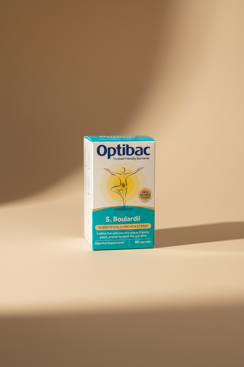 A box of Optibac S. Boulardii digestive supplement placed on a wooden table.