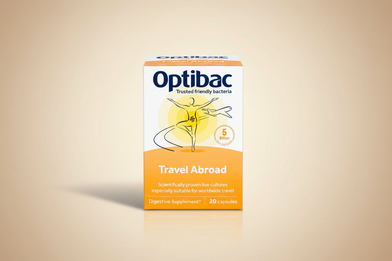 Optibac travel abroad digestive supplement packaging on a white background