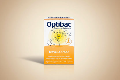 Optibac travel abroad digestive supplement packaging on a white background