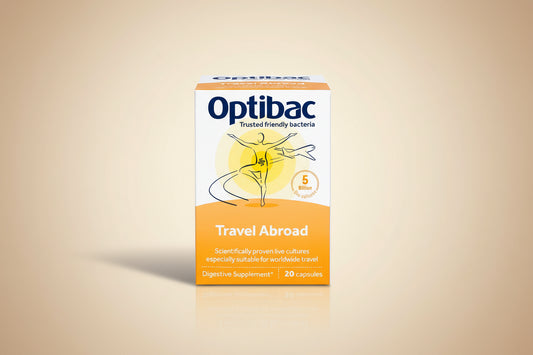 Optibac travel abroad digestive supplement packaging on a white background
