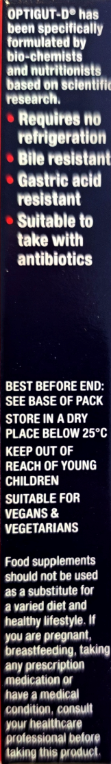 A white plastic bottle of Optivig-32 dietary supplement powder with a blue cap, accompanied by a white informational card detailing usage and storage instructions.